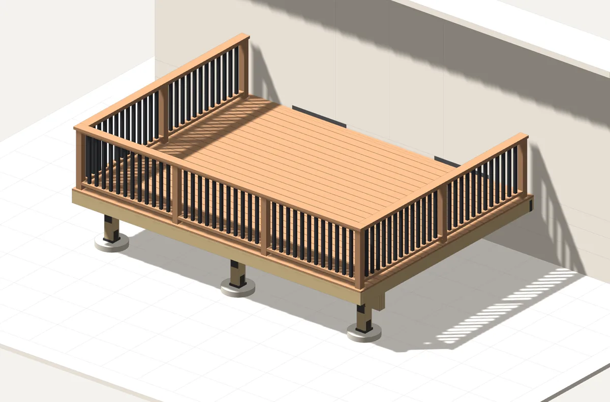 3D render of an attached wood deck with black metal balusters, raised on posts and footings