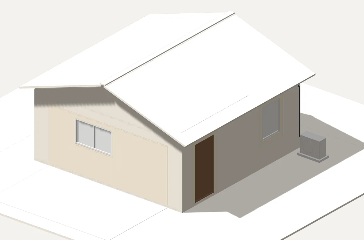 3D render of a detached garage converted to a stucco ADU with a new door, windows and mini-split
