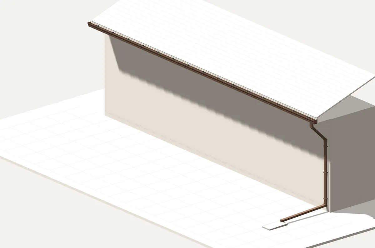 3D render of a bronze seamless gutter and downspout along a house eave