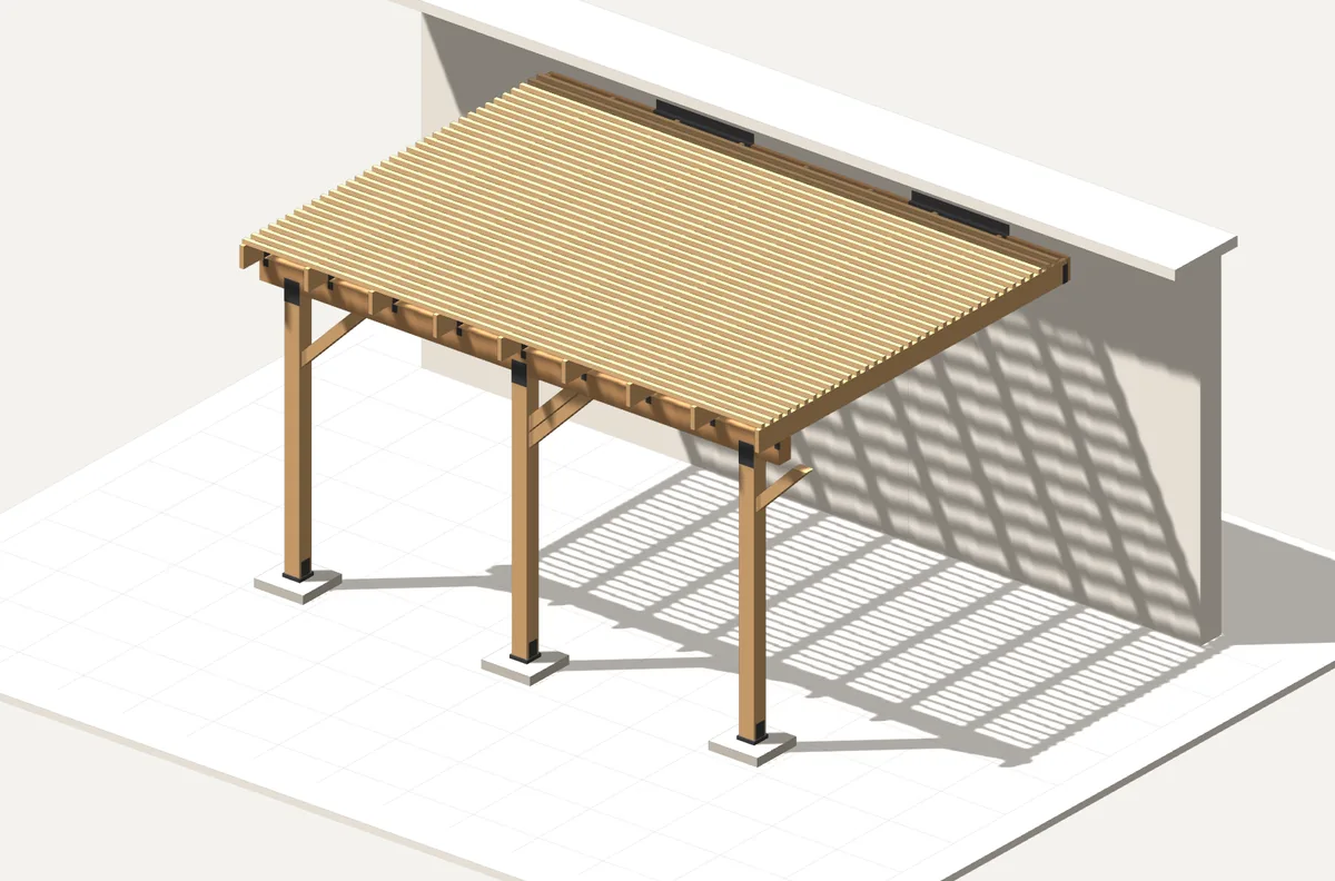 3D render of a wood lattice patio cover attached to a house, on three posts with knee braces