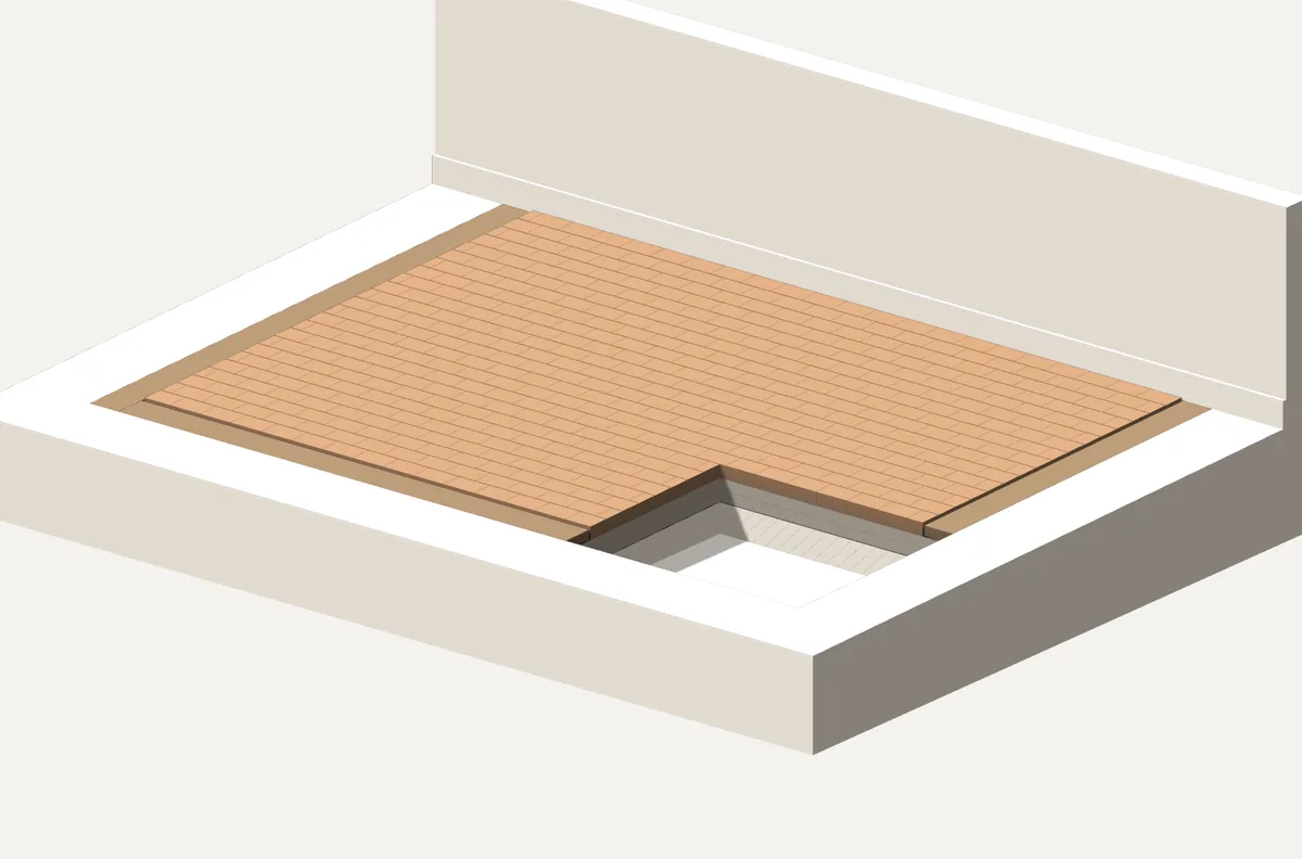 3D render of a terracotta paver patio beside a house, with a cut-away corner showing the layers