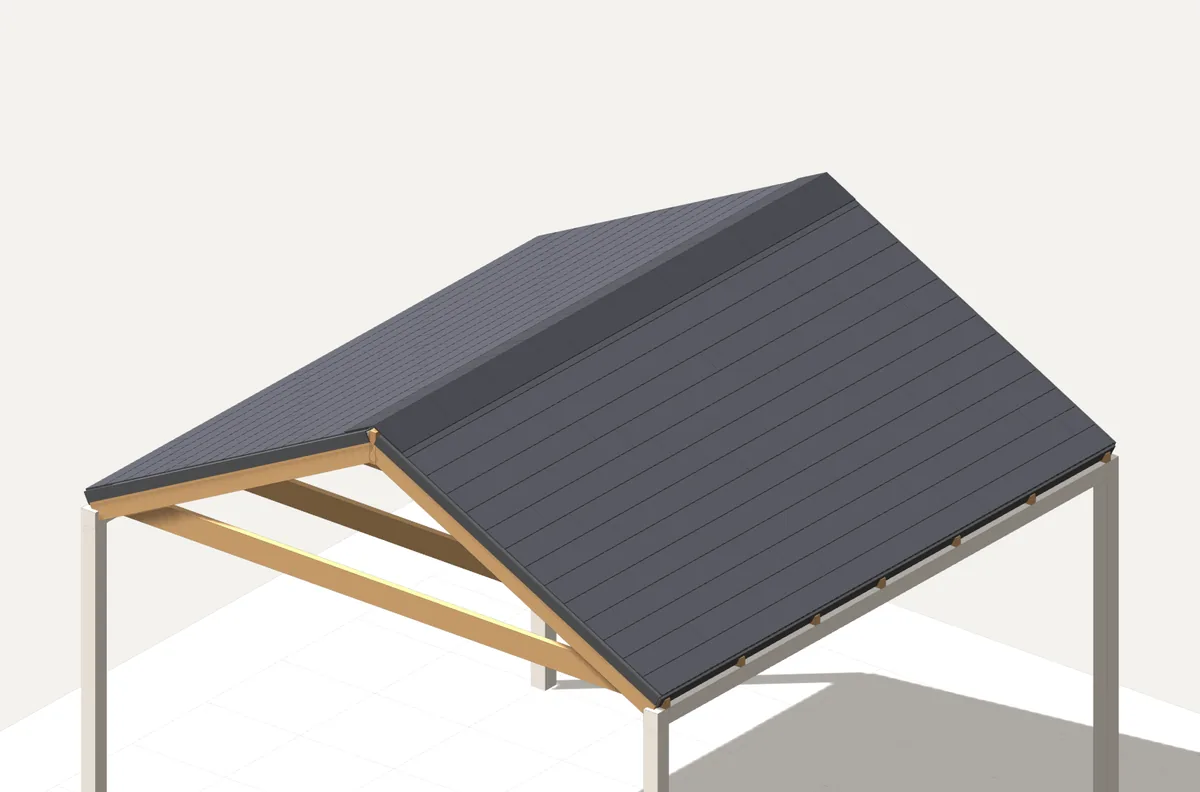 3D render of a finished gable roof: timber rafters and ceiling joists under charcoal shingles