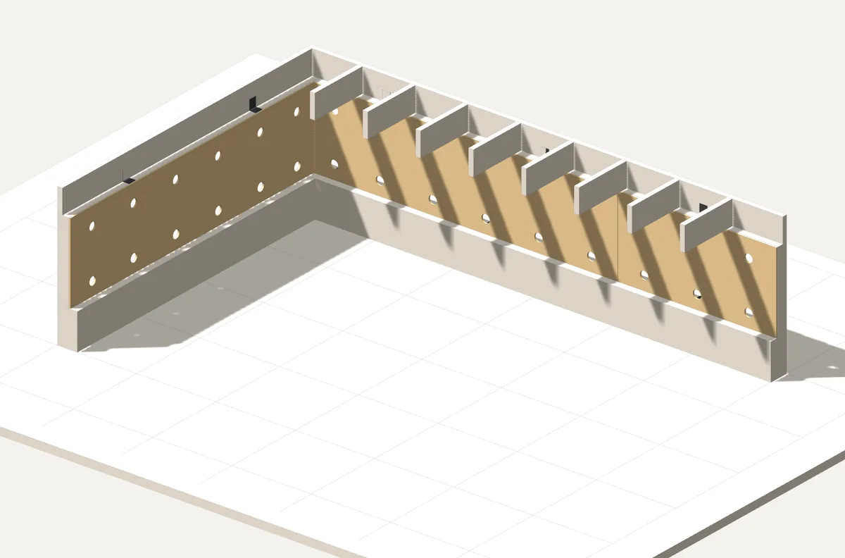3D render of crawlspace cripple walls braced with plywood panels and bolted to the foundation