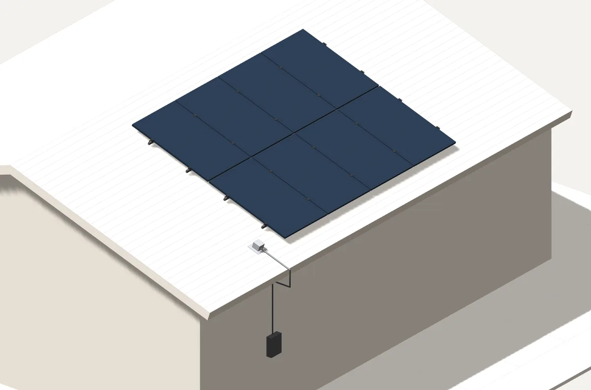 3D render of eight solar panels mounted on a shingle roof, with conduit running down the wall